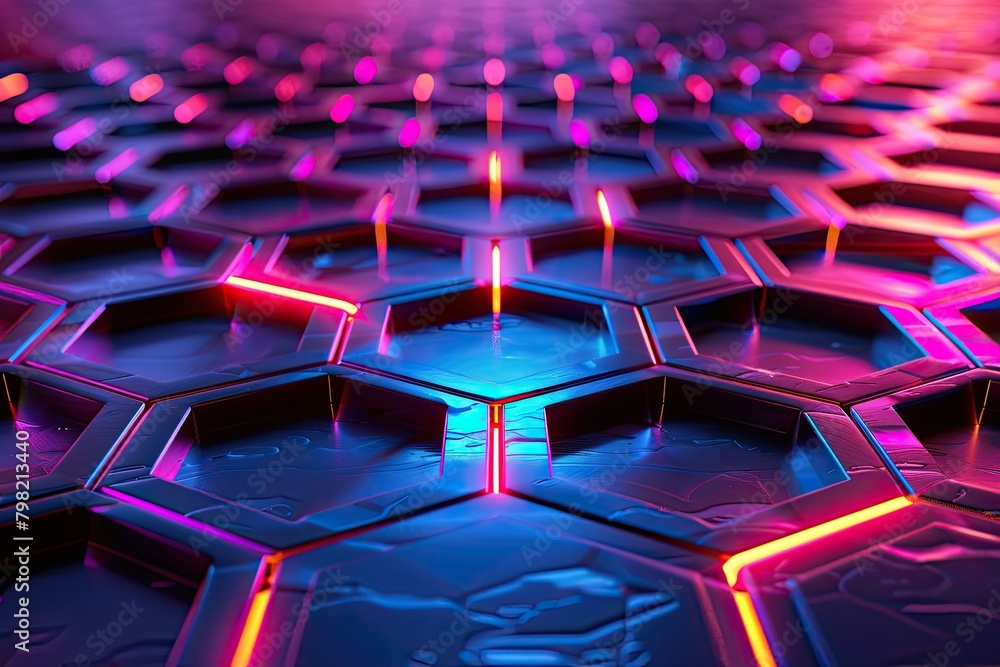 Vibrant 3D hexagon backdrop glowing with neon hues at twilight