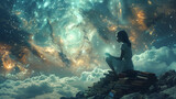 A young girl sits on a stack of books in a sky filled with stars and fire. The scene is whimsical and imaginative, with the girl's presence adding a sense of wonder and curiosity to the image