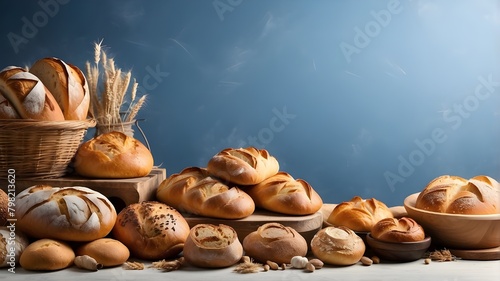 homemade breads prepared with natural ingredients. Various types of freshly baked bread in the backdrop, top view, and copy space