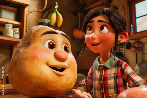 Image of funny girl and potato cartoon character. World Potato Day.