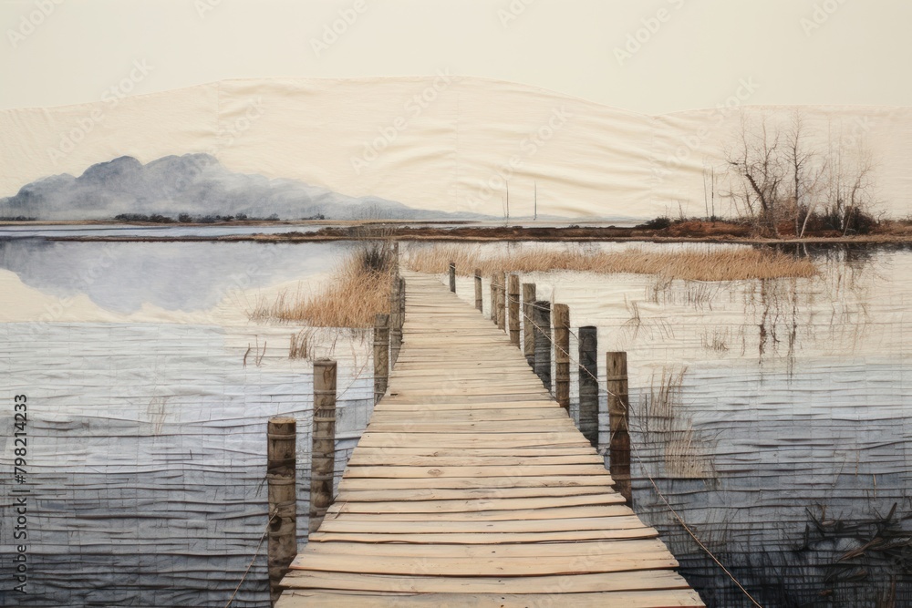 Fototapeta premium Long wooden pier on a smooth lake landscape boardwalk outdoors.