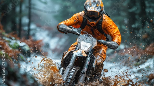 Man Riding Dirt Bike Through Water Puddle. Generative AI