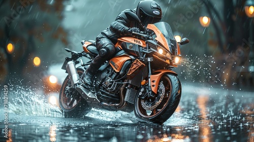 Person Riding Motorcycle in the Rain. Generative AI © jul_photolover