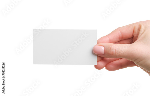 Woman holding blank business card on white background, closeup. Space for text