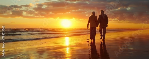 An elderly couple enjoys a serene walk on the beach at sunset, symbolizing enduring love and life's journey together.