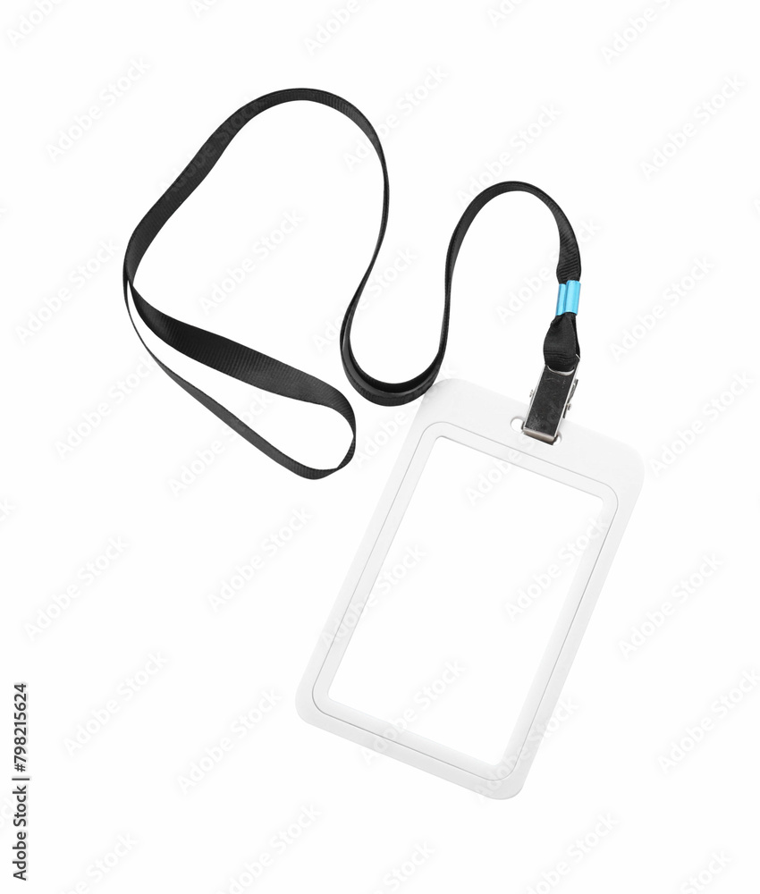Blank badge with black string isolated on white, top view Blank badge with black string isolated on white, top view