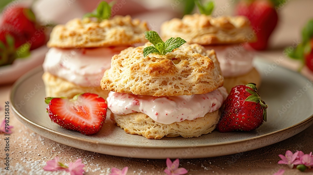 A photo of a close-up plate of strawberry shortcakes with strawberries as a side A photo of a close-up plate of strawberry shortcakes with strawberries as a side
