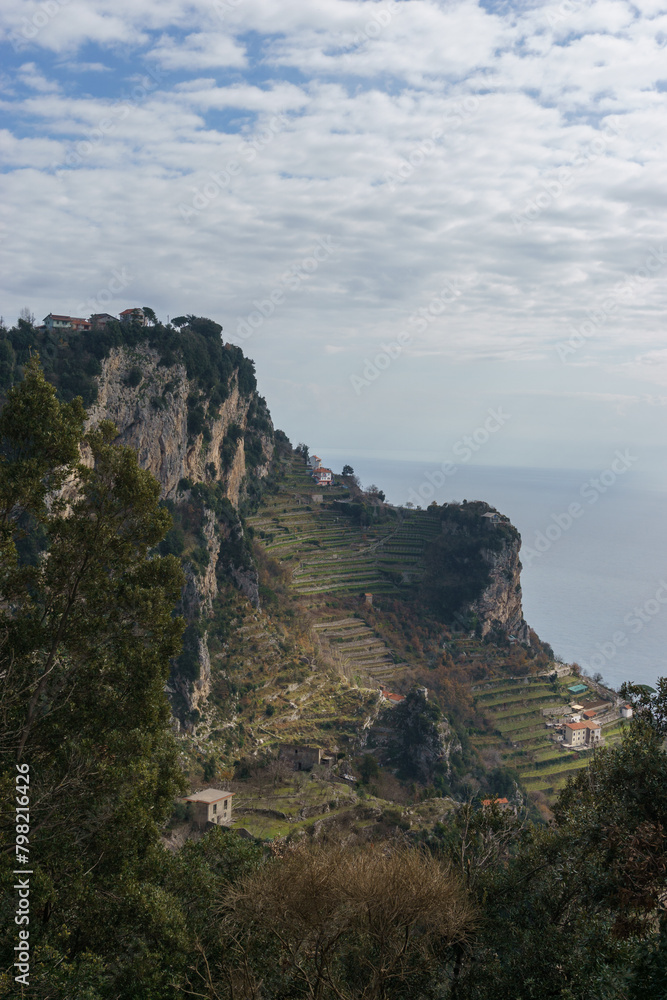 View of the rocky landscape at hiking trail Sentiero degli Dei or Path of the Gods along the Amalfi Coast, Province of Salerno, Campania, Italy