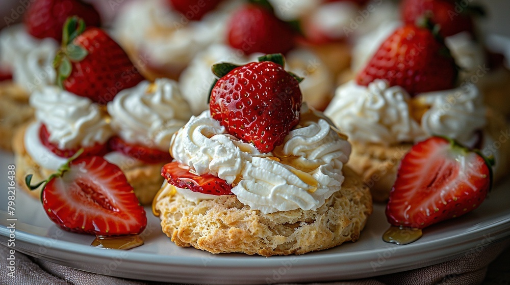 White plate with mini desserts, each covered in whipped cream and strawberries White plate with mini desserts, each covered in whipped cream and strawberries