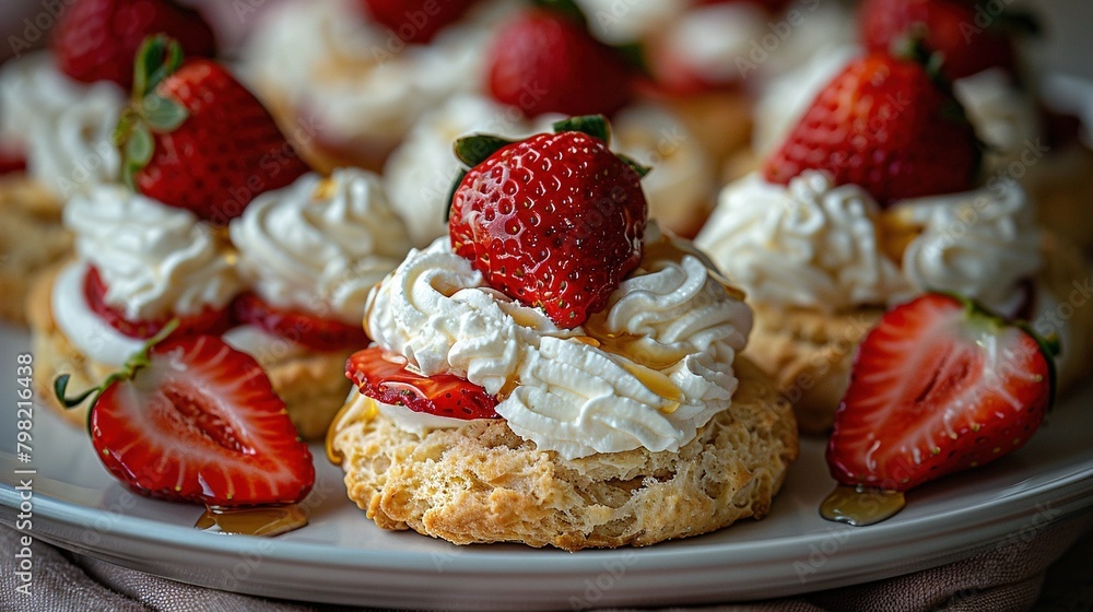  White plate with mini desserts, each covered in whipped cream and strawberries