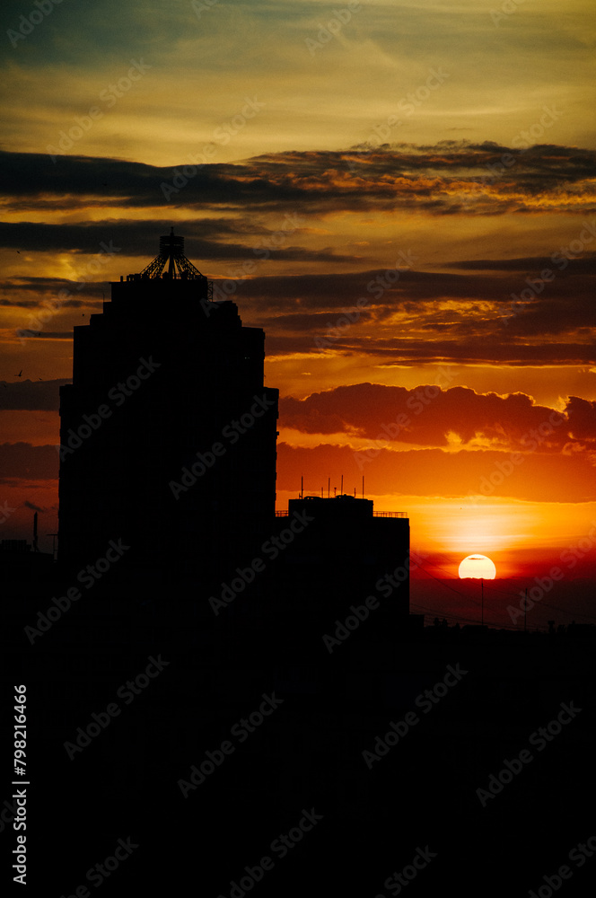Sunrise over modern office buildings in business district center of Odesa.