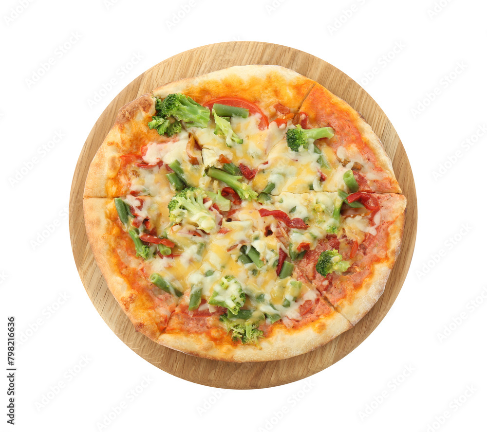 Board with delicious vegetarian pizza isolated on white, top view Board with delicious vegetarian pizza isolated on white, top view