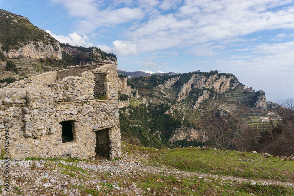 Ruin of an ancient farm house along the Path of the Gods or Sentiero degli Dei along the Amalfi Coast, Campania, Italy