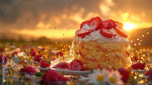   A slice of cake with strawberries on a plate amidst a daisy field photo