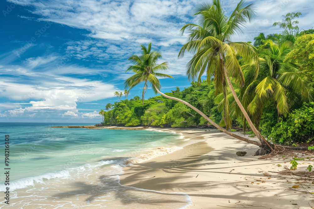 Fototapeta premium Wild tropical beach with coconut trees and other vegetation, white sand beach, Caribbean Sea, Panama