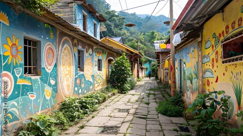 A charming village alleyway adorned with vibrant murals depicting local folklore and traditions, with laundry fluttering in the breeze overhead. © Love Mohammad