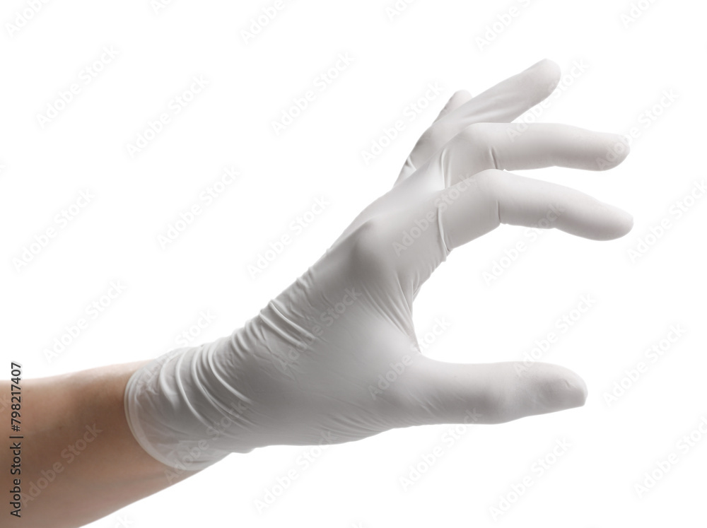 Woman wearing medical glove on white background, closeup Woman wearing medical glove on white background, closeup