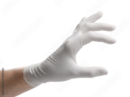 Woman wearing medical glove on white background, closeup