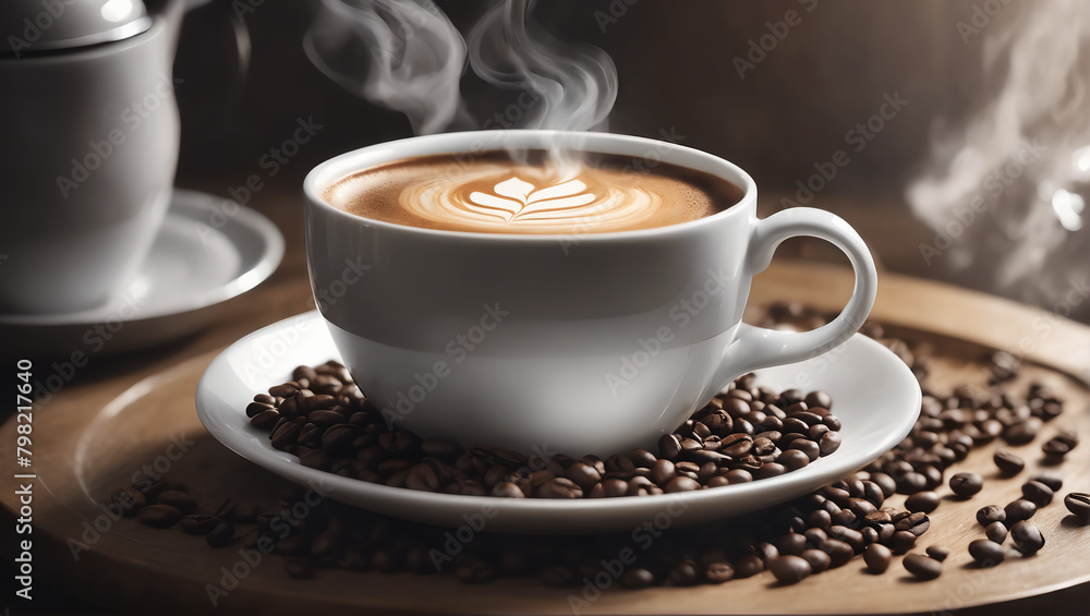 A photorealistic image of a steaming cup of coffee sitting on a saucer, surrounded by a scattering of coffee beans and a delicate wisp of steam rising from the cup ULTRA HD 8K