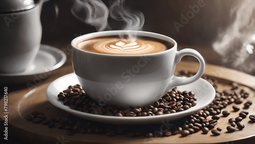 A photorealistic image of a steaming cup of coffee sitting on a saucer  surrounded by a scattering of coffee beans and a delicate wisp of steam rising from the cup ULTRA HD 8K