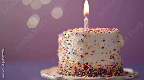 A close-up shot of a birthday cake covered in pastel rainbow sprinkles  with a single lit candle atop it  casting a warm glow against the soft lavender backdrop.
