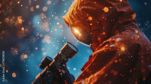 A person in an orange jacket holding a telescope, AI