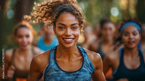 Group of Women Running Through Forest. Generative AI