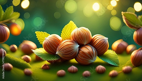 a handful of hazelnuts on the table, bokeh background in green colors.
