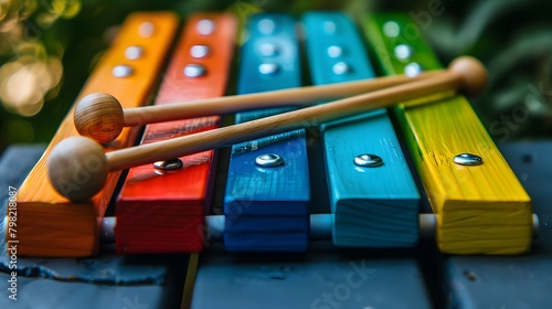 A close-up shot of a vibrant toy xylophone  with colorful keys and a pair of wooden mallets resting on top
