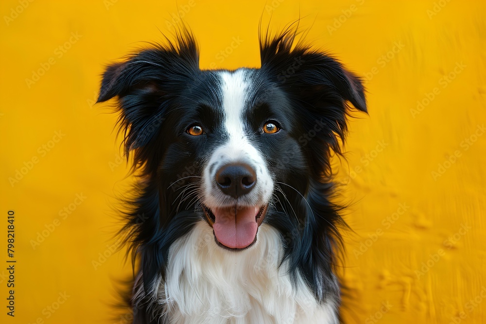 A black and white dog with his tongue out and his eyes open with a yellow background and a black