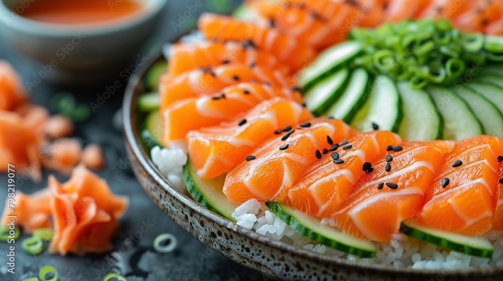A platter of sushi with cucumber slices A platter of sushi with cucumber slices