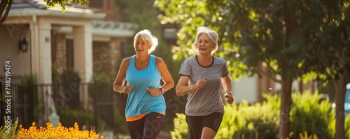 Two senior women jogging side by side in a suburban neighborhood during the fall season. photo