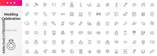Wedding line icons set collection. Love beauty celebration wedding couple bride marriage flat icon pack. UI flat icons collection. Thin outline icons pack