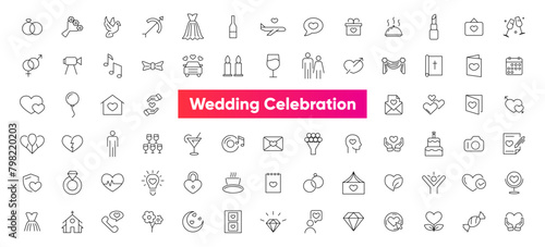 Wedding line icons set collection. Love beauty celebration wedding couple bride marriage flat icon pack. UI flat icons collection. Thin outline icons pack