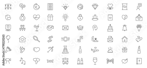 Wedding line icons set collection. Love beauty celebration wedding couple bride marriage flat icon pack. UI flat icons collection. Thin outline icons pack