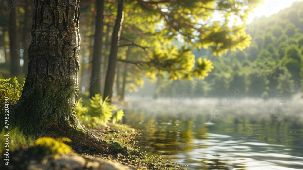 Tranquil Lakeside Morning with Sunbeams and Mist