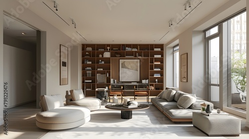 A contemporary living room with minimalist decor, anchored by a sculptural bookshelf displaying a curated selection of books and decorative objects, bathed in natural light.