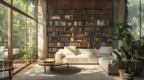 A contemporary living room with minimalist decor, anchored by a sculptural bookshelf displaying a curated selection of books and decorative objects, bathed in natural light.