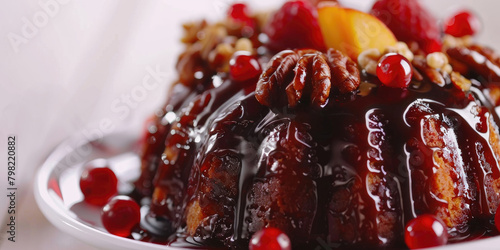 Close-up of a moist Caribbean rum cake, soaked in rum syrup and studded with tropical fruits and nuts, white background photo