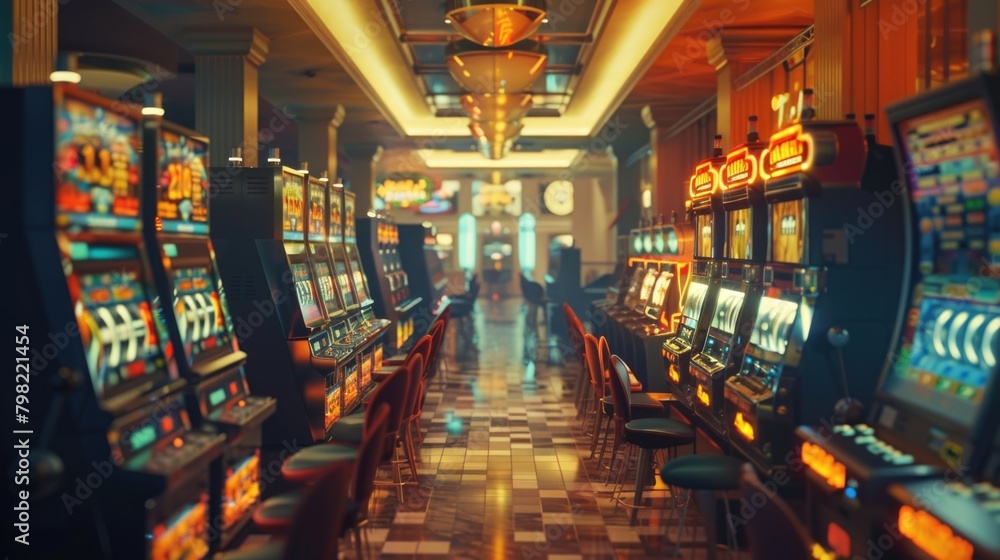 Vibrant Casino Interior with Colorful Slot Machines and Elegant Decor