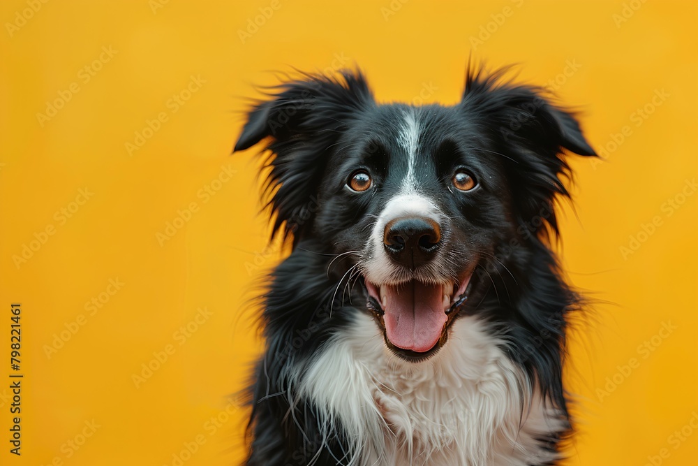 A black and white dog with a yellow background is looking at the camera with a happy look on his
