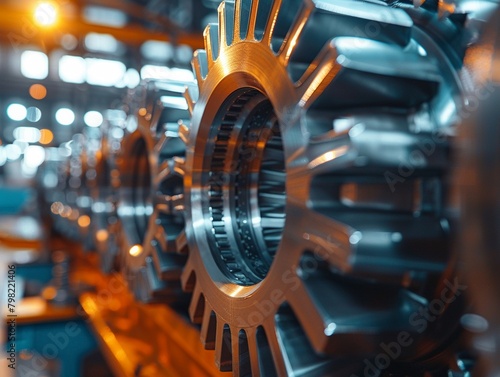 Macro shot of mechanic gear teeth interlocking, emphasizing the precision of engineering and machinery design, set in a welllit technical workspace