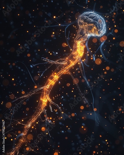 Scientific image displaying a motor neurons path from the spinal cord to muscle fibers, emphasizing its role in muscle control and movement