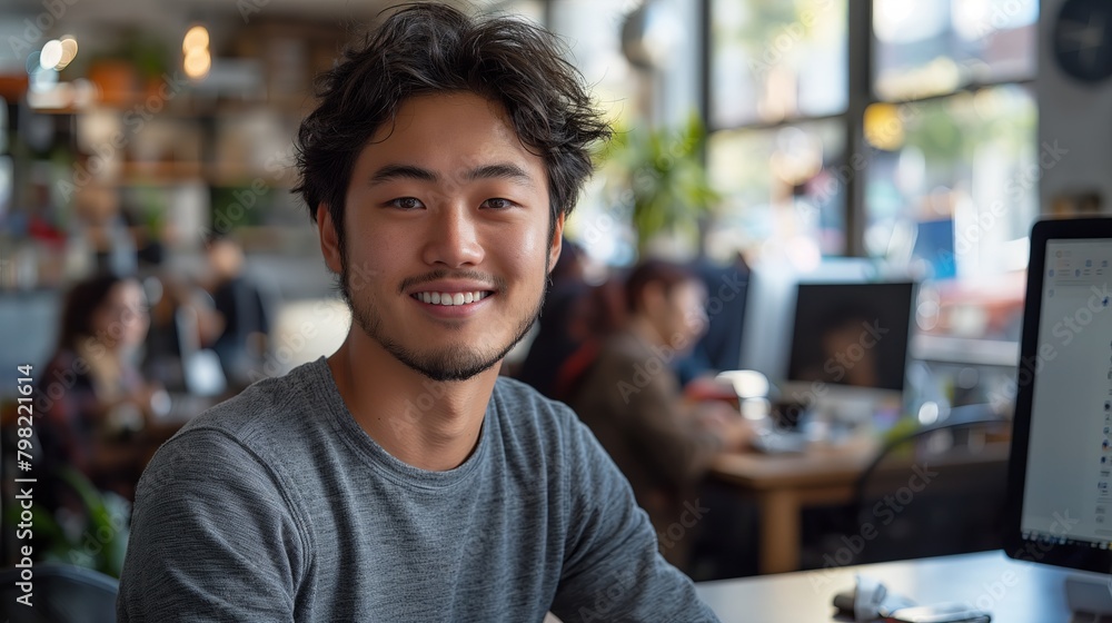 Productive Workspace: Young Man Smiling at Computer in Coworking Hub Productive Workspace: Young Man Smiling at Computer in Coworking Hub