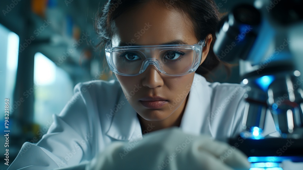 Scientist at Work: Woman Researcher Using Microscope in Modern Laboratory Scientist at Work: Woman Researcher Using Microscope in Modern Laboratory