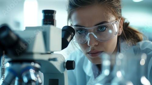 Scientist at Work: Woman Researcher Using Microscope in Modern Laboratory