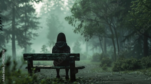 Solitary Figure on Foggy Park Bench Amidst Misty Forest