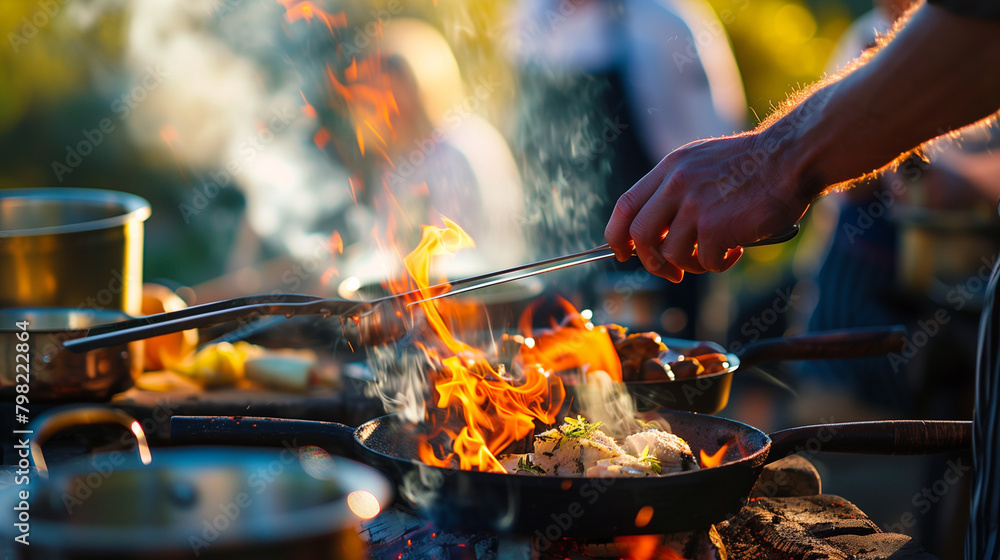 Fototapeta premium A close-up of a cooking class focused on preparing a feast using a traditional fire pit. The chef's hands are seen arranging pots and ingredients around the fire, teaching ancient