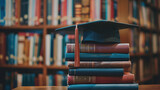 A stack of books towering high with a graduation cap crowning the top, symbolizing the path of learning and accomplishment