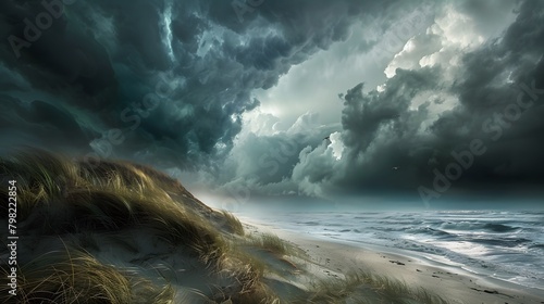 A dramatic storm rolling in over a windswept coastal plain, with dark clouds swirling overhead and waves crashing against the shore.